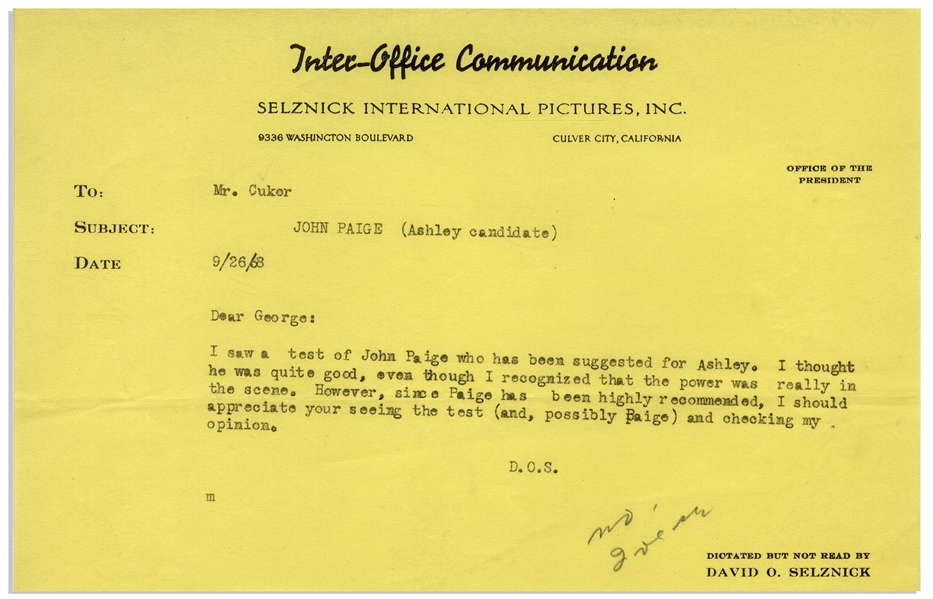 ''Gone With the Wind'' Memo From David O. Selznick to Director George Cukor Regarding Casting the Role of Ashley Wilkes
